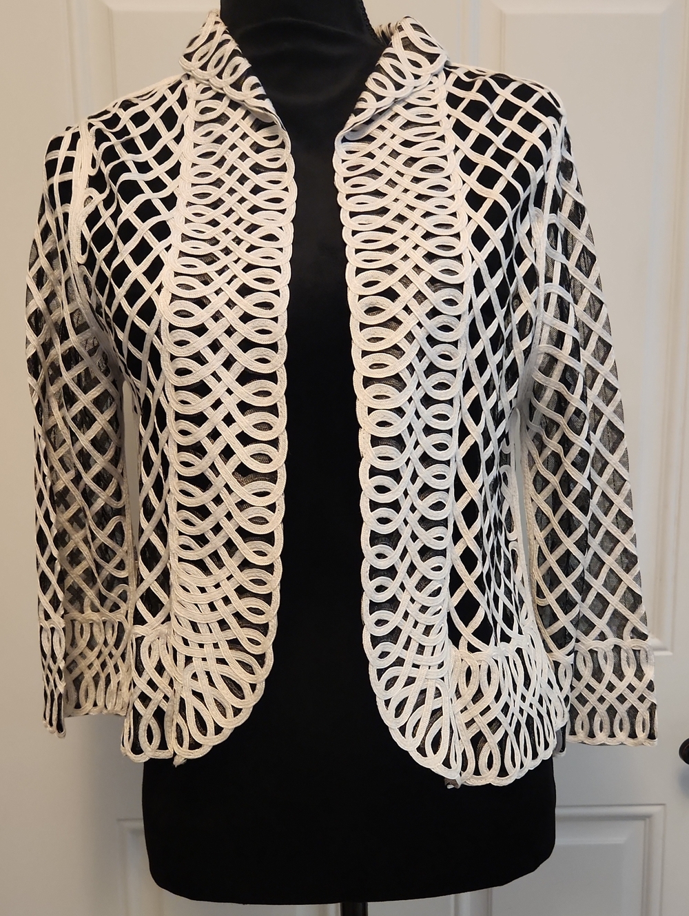Weavz Black & White Crochet Lattice Open Blazer